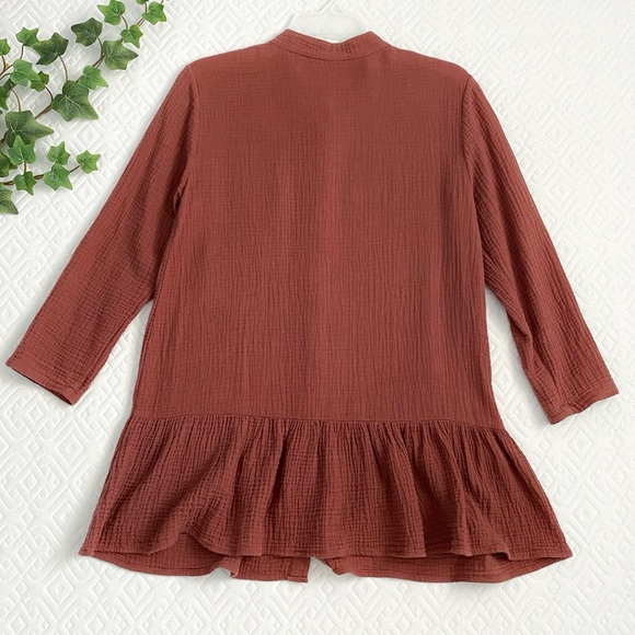 Polagram gauze cotton boho button down long sleeve tunic, sienna brown - Picture 2 of 9